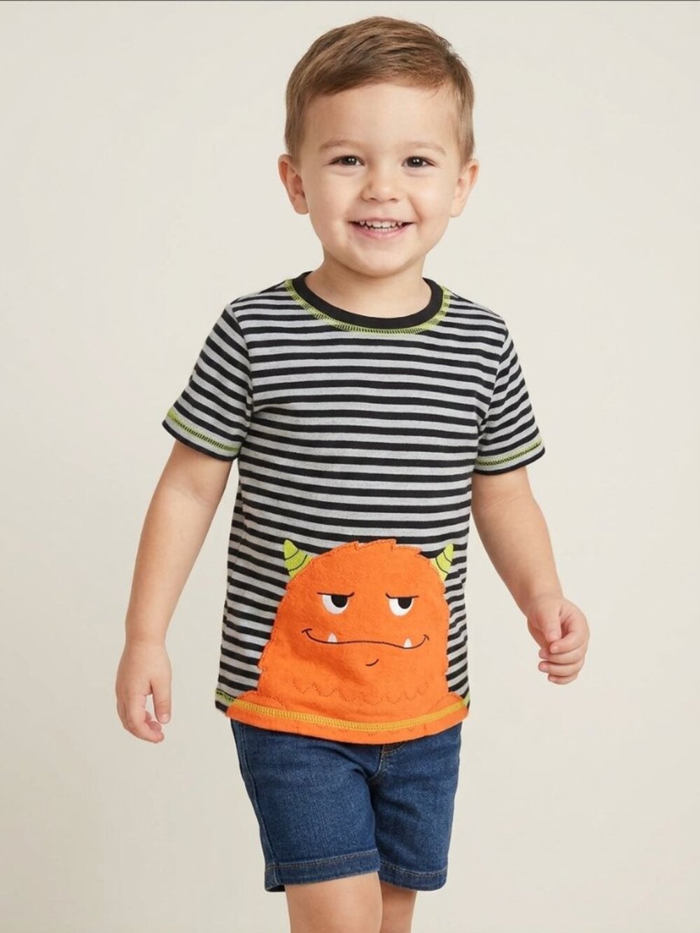 Simple Black & White Striped Tee with Orange Monster Appliqué size toddler 3T